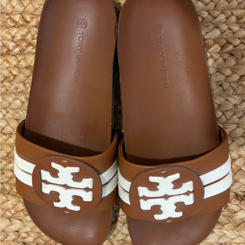Tory Burch Brown and White Sandals with Logo Detail